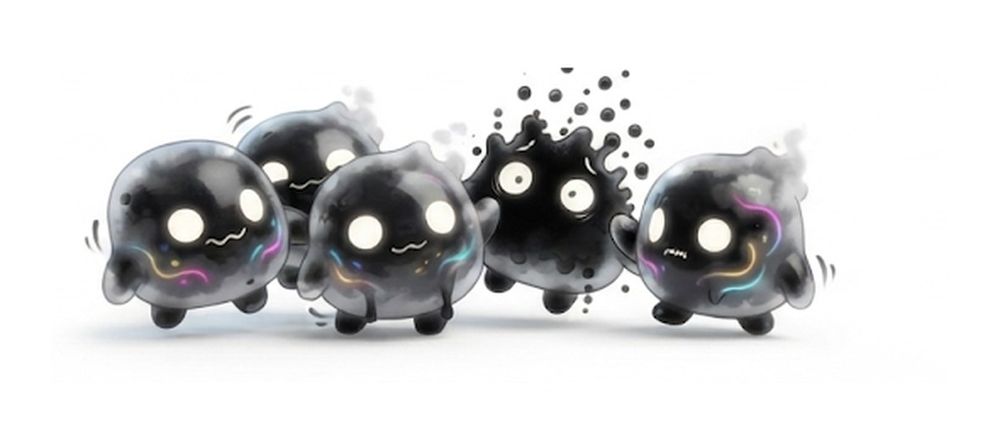 A group of Kagemushi, small ink-blob creatures with glowing white eyes, bumping into each other